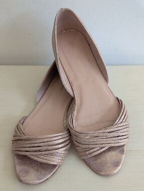 Loeffler Randall Gold Glitter Leather Flats Peep Toe Size 8.5